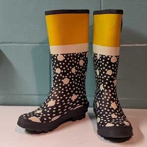 Yellow and Blue Polka Dot Women's Rain Boots Size 8